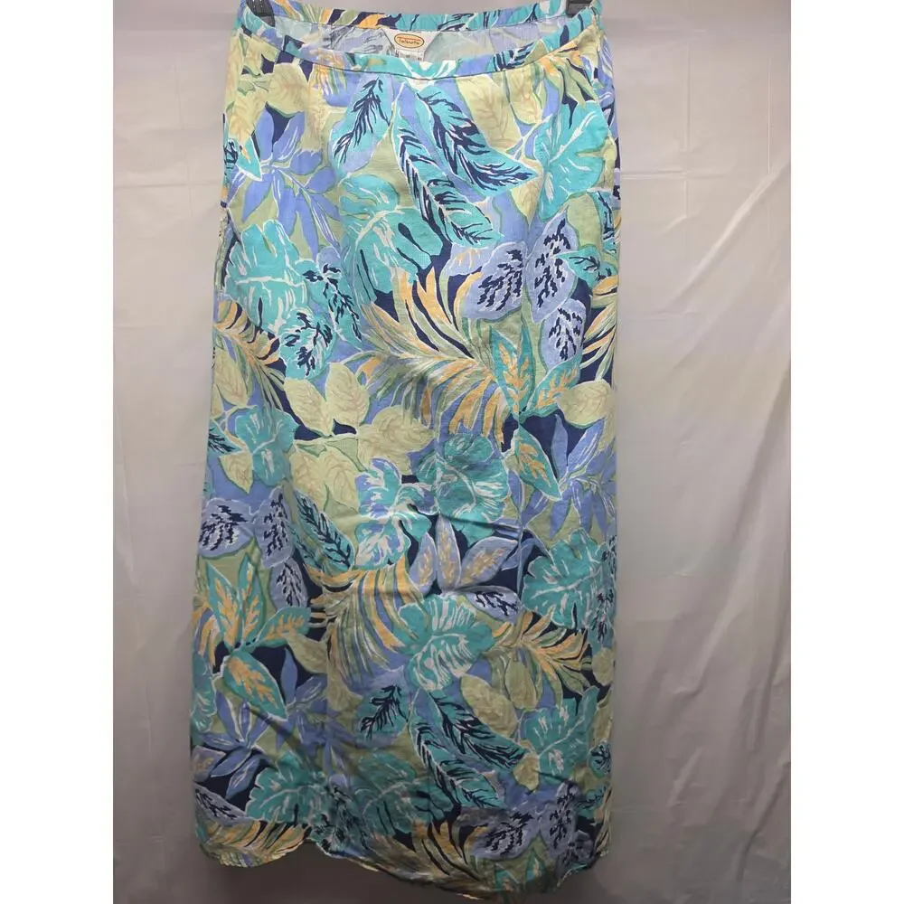 Talbots Tropical Print Linen Blend Maxi Skirt Women's Size 12 Blue Pockets